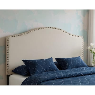 HomeRoots Beige Linen Blend Upholstered Arched Queen Headboard With Nail Head Trim