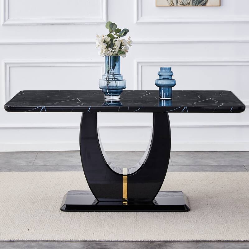 63" Modern Simple Luxurious Black Imitation Marble Grain MDF Dining Table, Rectangular Office Table