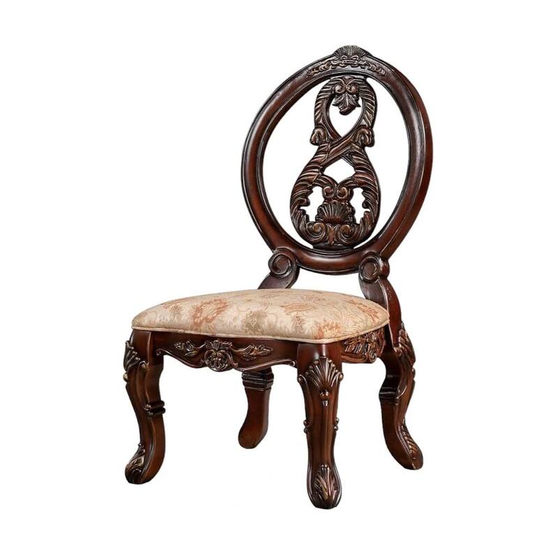 23 Inch Carved Dining Chair, Set of 2, Cabriole Legs, Tan Fabric Seating