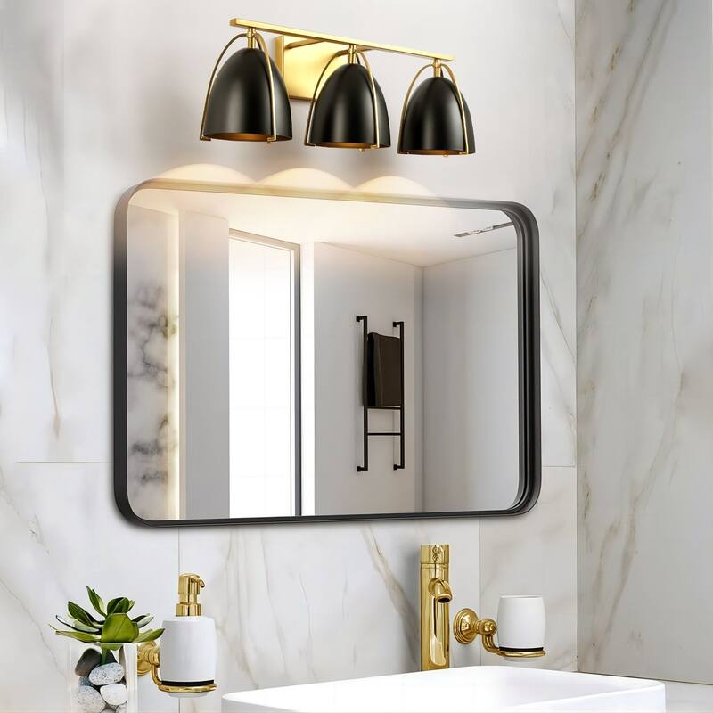 3-Light Mid-Century Modern Black and Brushed Gold Bowl Dome Vanity Light - 23.23 in. W x 8.66 in. H x 8.66 in. D