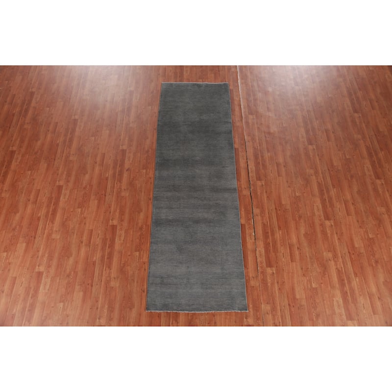 Hand Knotted Oriental 100% Wool Carpet Modern Solid Greys & Charcoal Gabbeh Runner Rug - 9' 10'' X 3' 0''