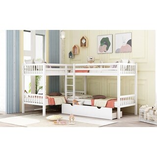 L-Shaped Twin Bunk Bed with Drawers, Ladder & Guardrails