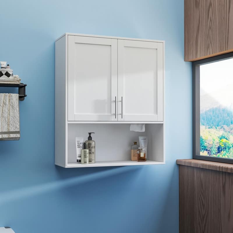 Wall-Mounted Two-Door Bathroom Mirror Cabinet with Facial Tissue Slot and Multi-Purpose Storage Space‌