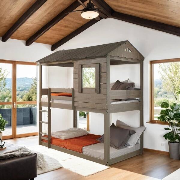 slide 2 of 7, Artsy Twin-Over-Twin Bunk Bed with Solid Wood Frame, 13-Slat System, Guardrails, and Ladder, Multi-Function Sleeping Area, Grey Grey