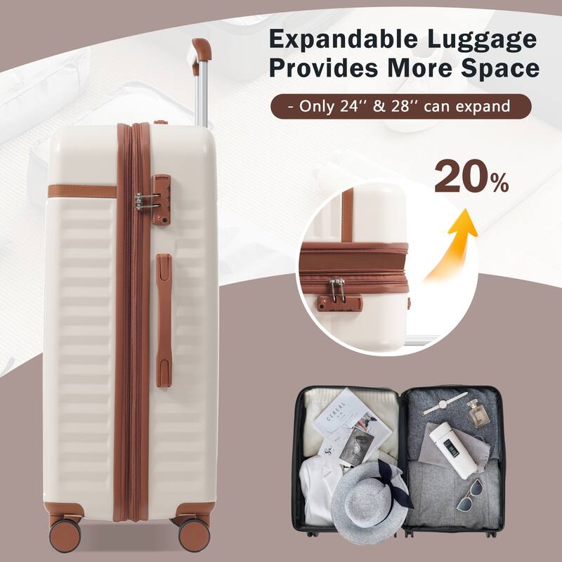 3-Piece Modern Front-Opening Luggage Expandable Luggage with USB Port and TSA Lock, for Boarding Travel, Brown+White