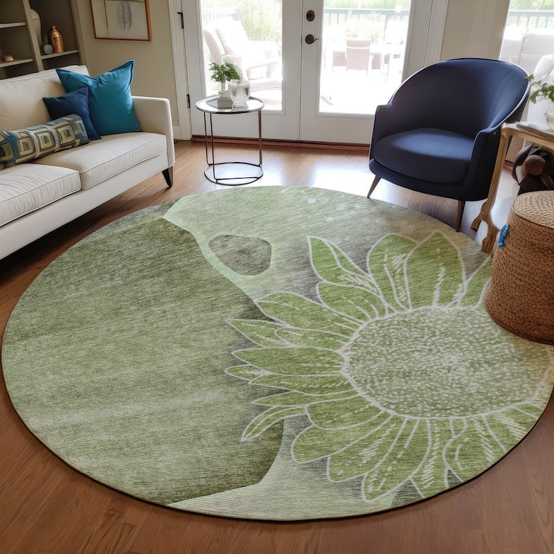 Machine Washable Indoor/ Outdoor Chantille Modern Sunflower Rug - Aloe - 8' x 8'