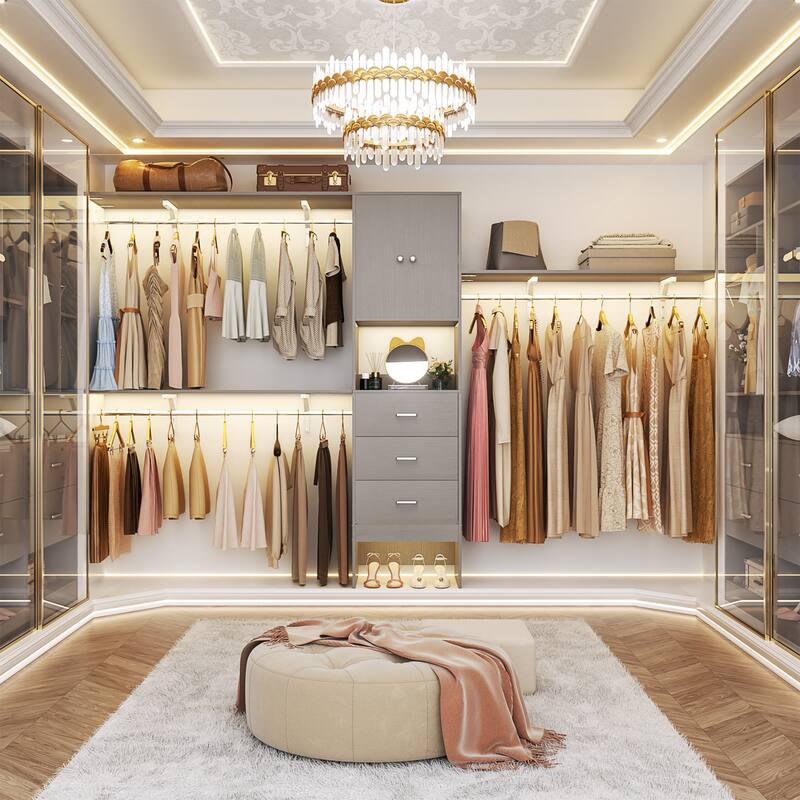Rackcog 20.3'' - 120'' Large Closet Organizer with Doors, Closet System with Drawers and Hanging Rods (can be cut to fit)