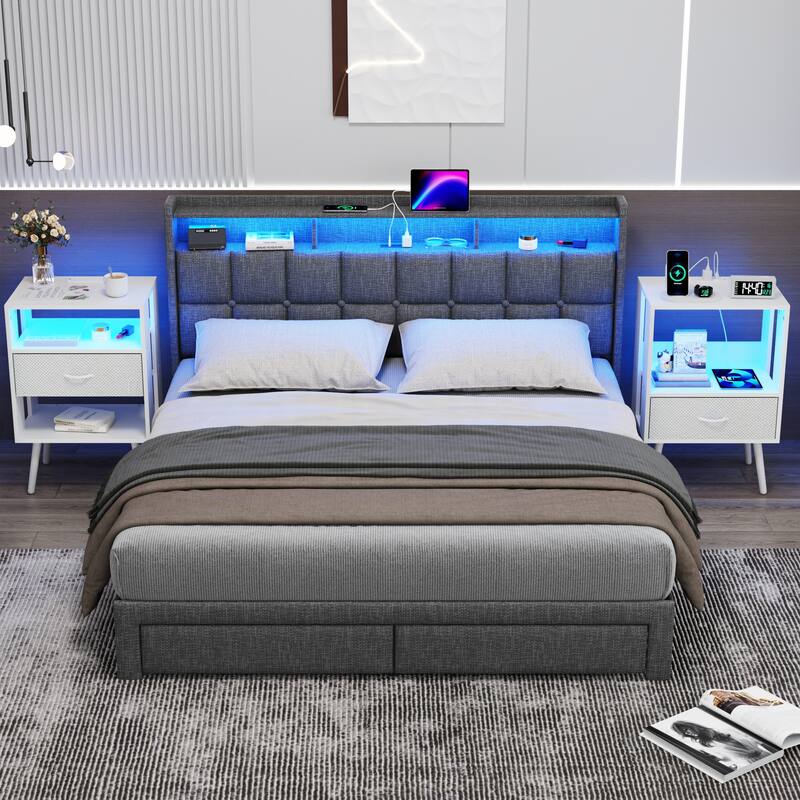2 Pack Modern Nightstand with Charging Station, Bedside Tables with LED Light and Fabric Drawers
