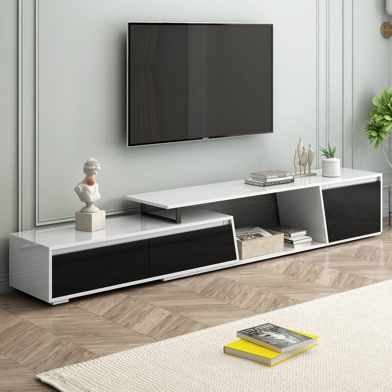 Roomfitters Extendable TV Stand for up to 100 Inch TV, Modern Media Console Cabinet with Drawers and Storage - White