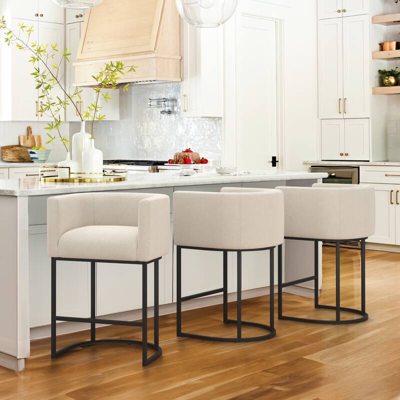 26 in. Counter Height Low Back Bar Stool with Metal Frame Modern Barrel Fabric Bar Stool for Kitchen Island