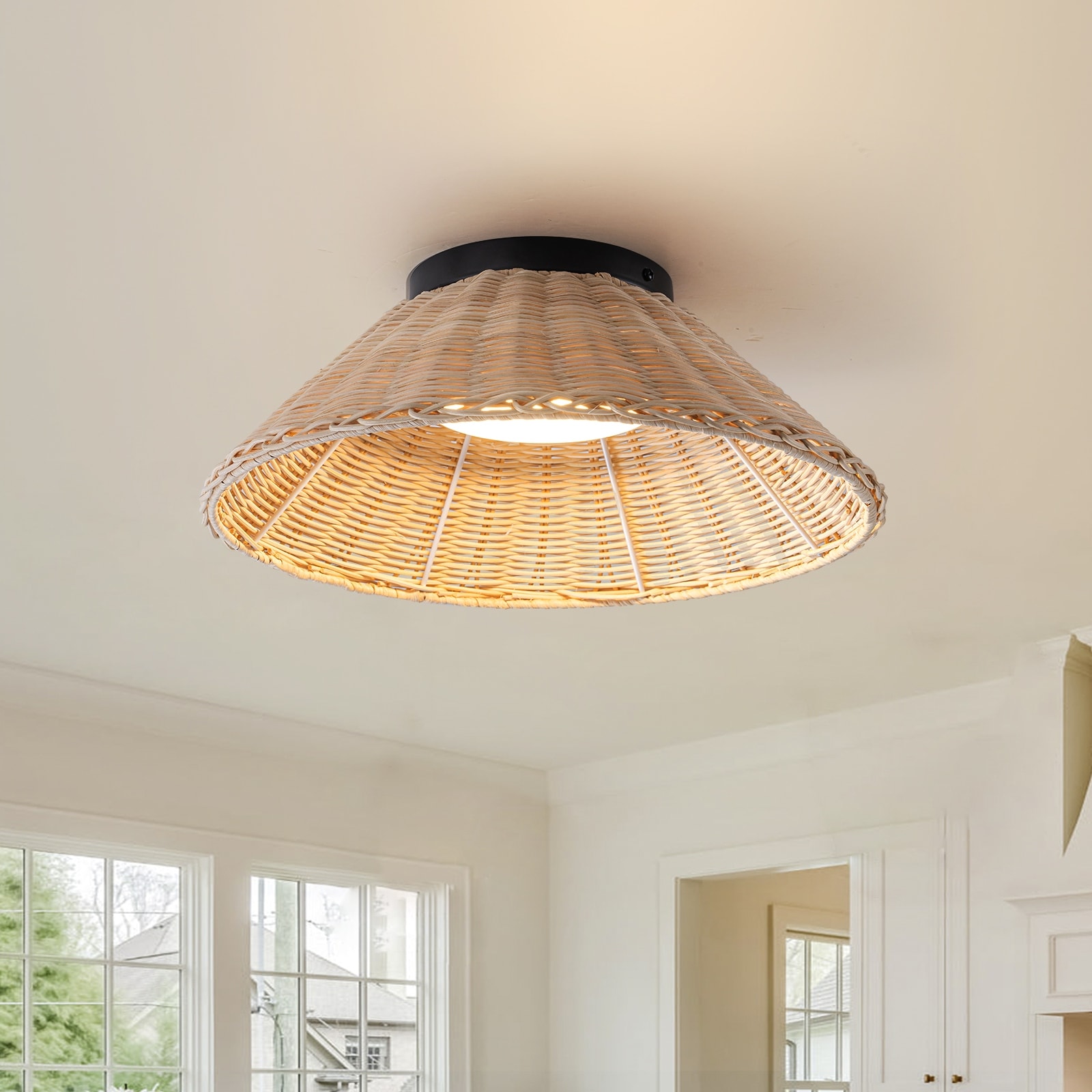 Modern Farmhouse Woven Rattan Umbrella Cone-Shaped Flush Mount Integrated LED Ceiling Light - Beige - 13.4"W x 4.5"H