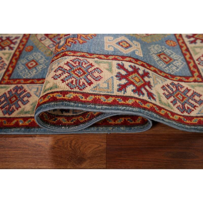 Blue Geometric Kazak Foyer Rug Hand-Knotted Wool Carpet - 3'5" x 4'11"