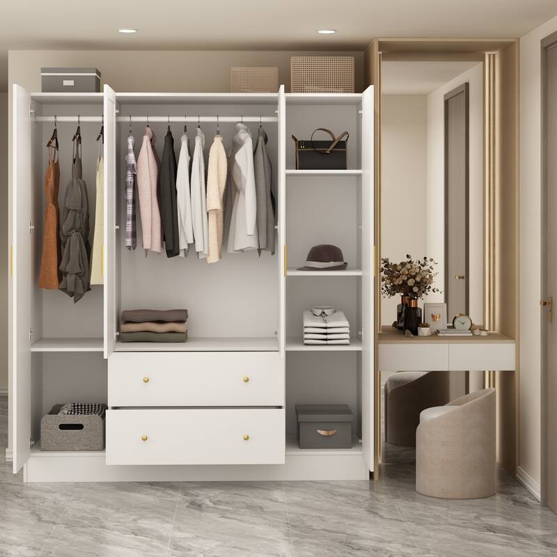 Timechee Wardrobe Armoire Wooden Closet with Mirror 4 Doors 2 Drawers