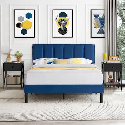 VECELO 3-Pieces Tufted Upholstered Platform Bed Frame with Adjustable Height Headboard and Nightstands Set of 2, Dark Blue