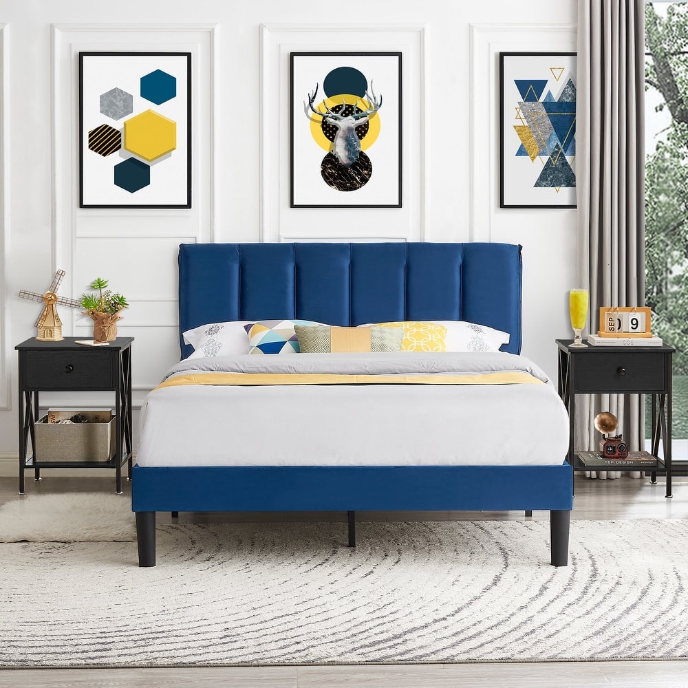 VECELO 3-Pieces Tufted Upholstered Platform Bed Frame with Adjustable Height Headboard and Nightstands Set of 2, Dark Blue