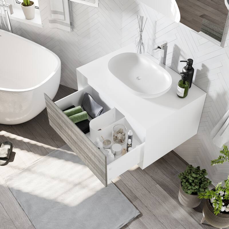 Eviva Santa Monica 36 inch Ash Wall Mount Bathroom Vanity with Solid Surface Vessel Sink