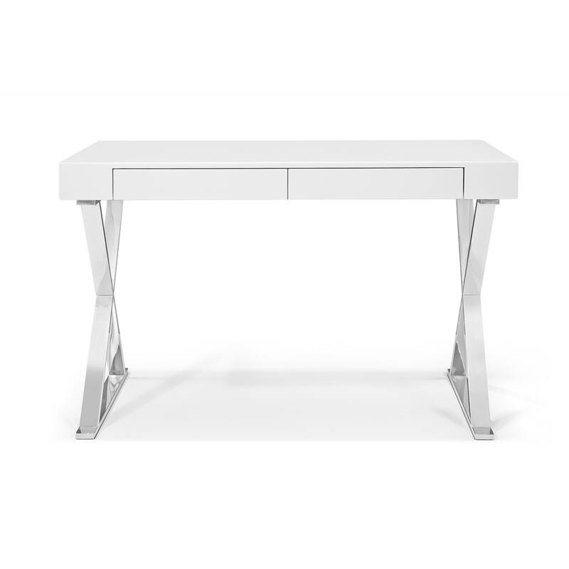 Desk Large High Gloss White Two Drawers Stainless Steel Base