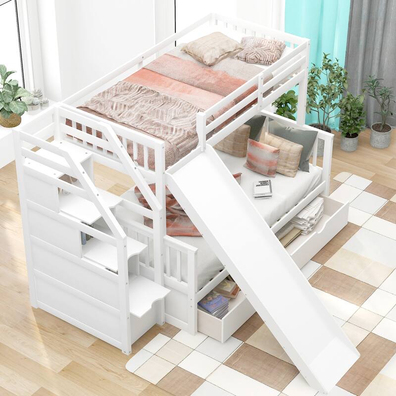 Multifunctional Twin over Full Bunk Bed with Drawers, Storage, and Slide, White