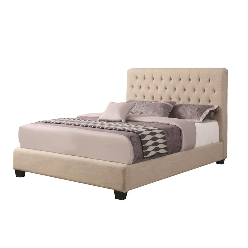 Oatmeal Twin Upholstered Bed with Button-Tufted High Headboard and Low Sleek Design