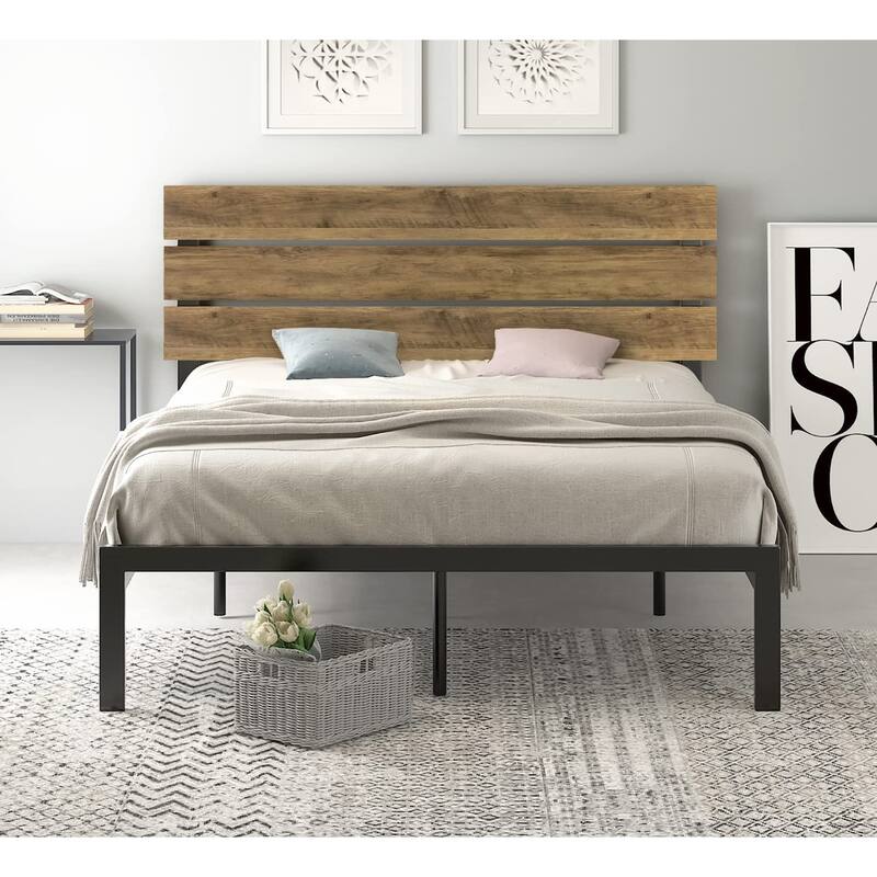 Rustic Style Platform Bed Frame Queen Size with Wood Headboard, Strong Metal Slats Support, Easy Assembly