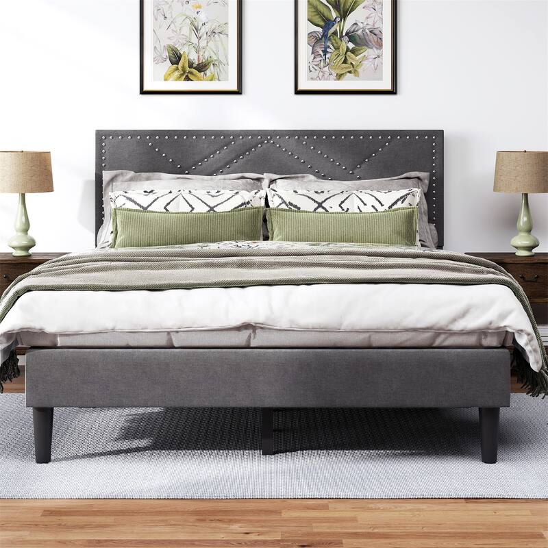 Full/Queen Linen Bed Frame with Storage Headboard,No Noise - Queen