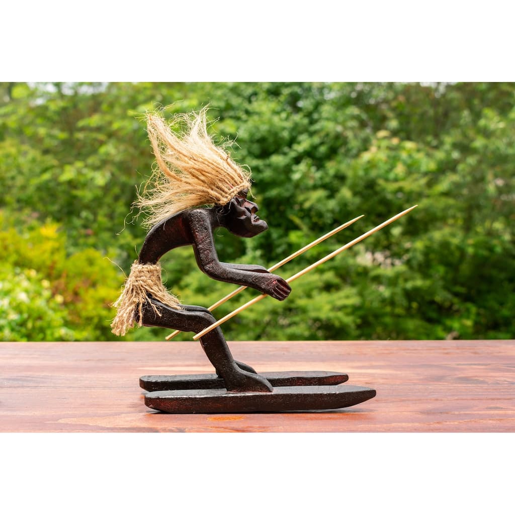 Primitive Tribal Statue with Skiboards Snowboard Tiki Bar Home Decor Snowblades Unique Gift - 7" wide x 7" tall x 3.5" deep