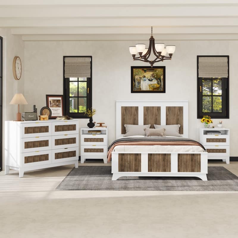 4-Pc Full/Queen Farmhouse Bedroom Set with Wooden Strip Stickers, Storage Nightstand & Dresser, White/Black