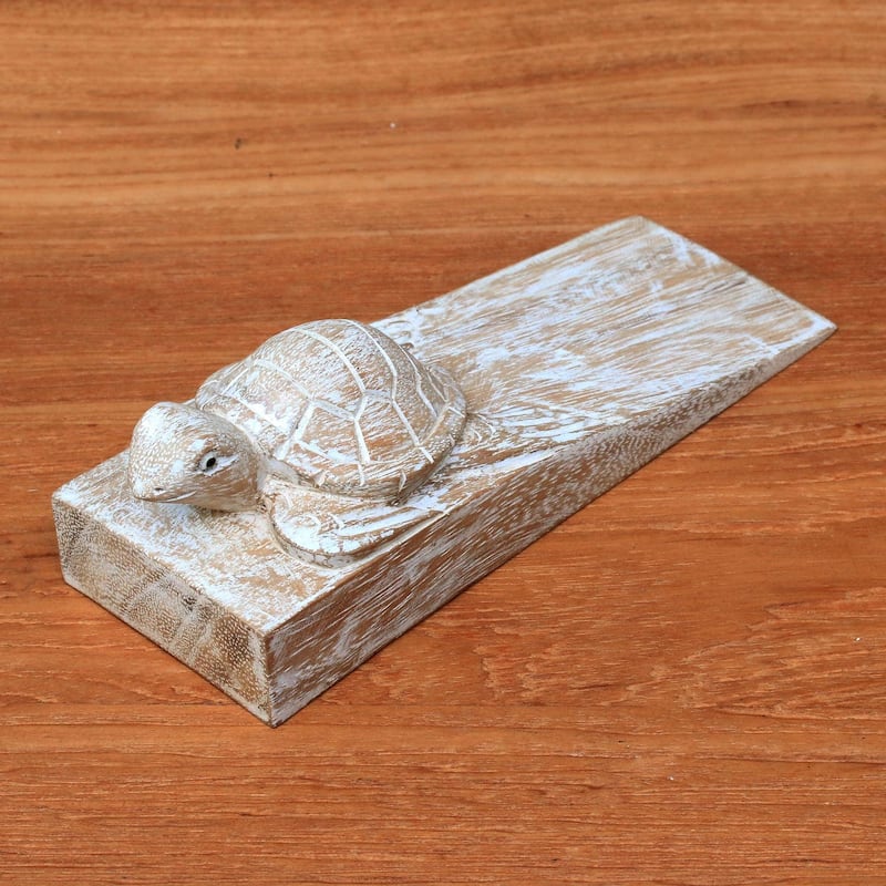 Novica Handmade Distressed Baby Turtle Wood Door Stopper - 5 cm H x 16.5 cm W x 6 cm D