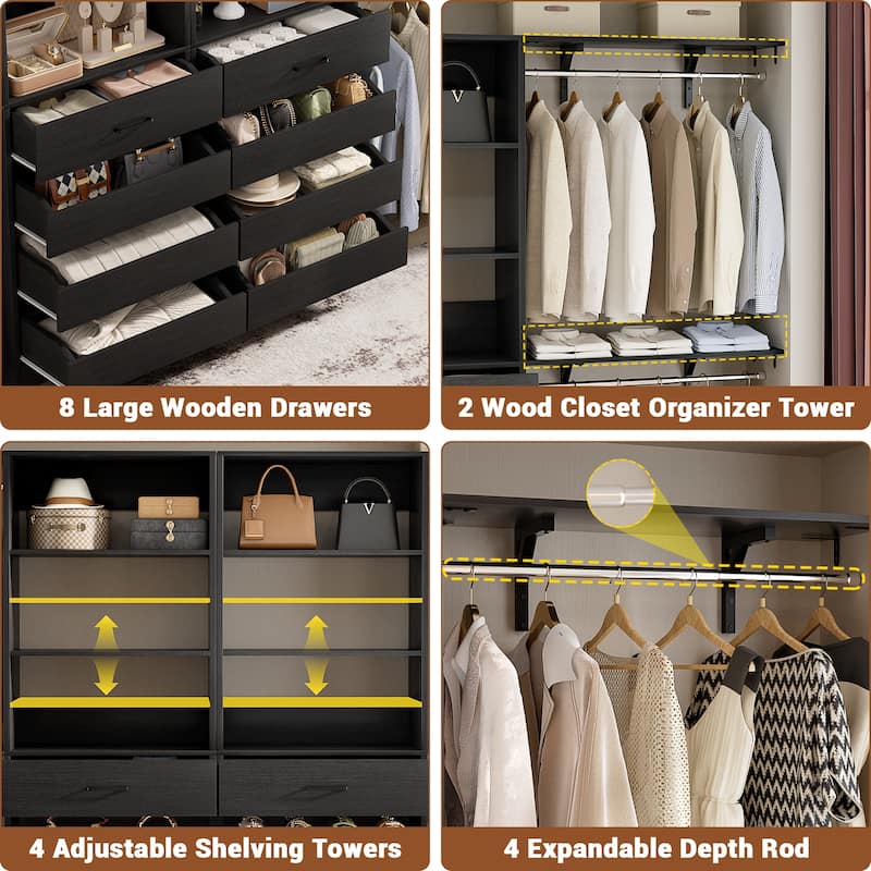 Set of 2 Closet System with Wooden Drawers and Hanging Rods, Closet Organizer with Adjustable Storage Shelves