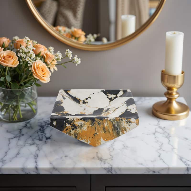 Stone Marble Decorative Bowl Geometric Design Vein Finish - 4" Black - 8" x 8" x 3.5" - Black/ White - 8" x 8" x 3.5"