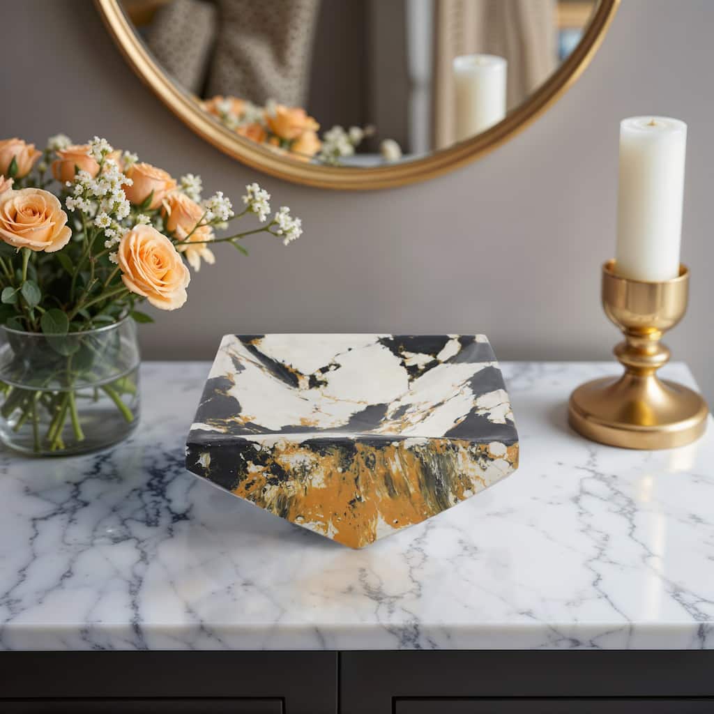 Stone Marble Decorative Bowl Geometric Design Vein Finish - 4" Black - 8" x 8" x 3.5"