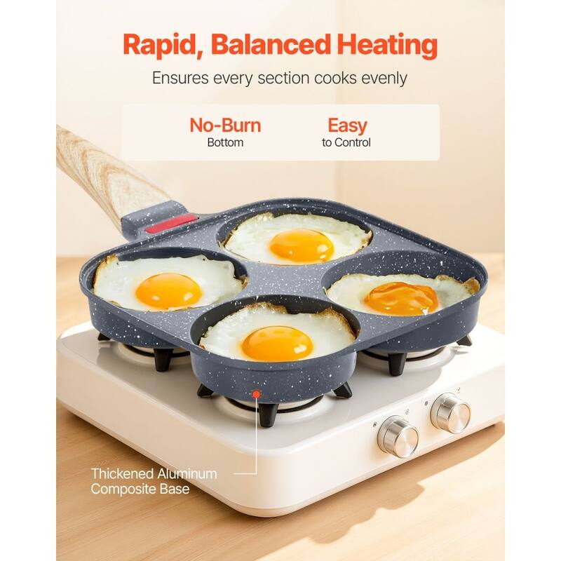 Black Aluminum Egg Pan 4-Hole with Maifan Stone Coating and Lid - 14.69 x 7.48 x 2.09 in