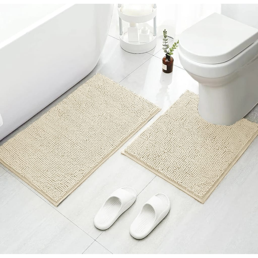 2 Piece Set Cream Soft Cozy Plush Chenille Bath Mat Bathroom Rug