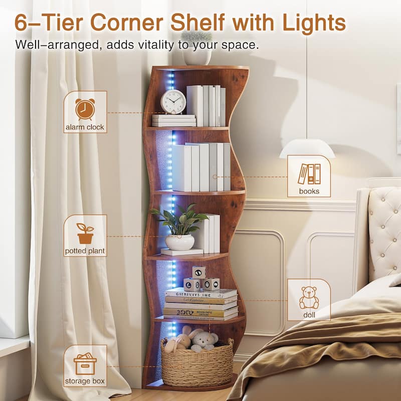 Javlergo 5-Tier Corner Bookshelf with LED Light Strip Seagrass Wave Design Tall Corner Bookcase with Lights for Living Room