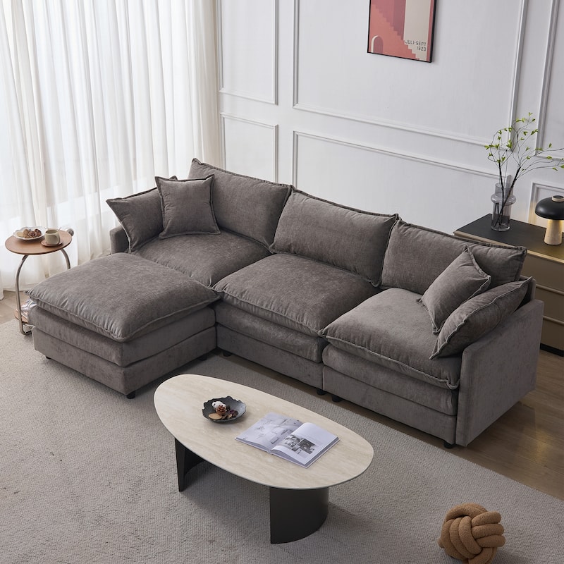 Upholstered Soft Chenille Fabric Sofa,3 Seater with Ottoman L Shape Sofa