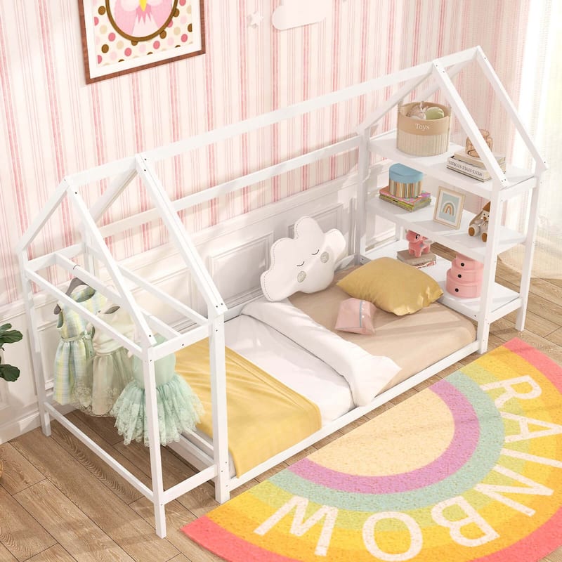 Costway Twin Size House Bed Montessori Floor Bed with Detachable