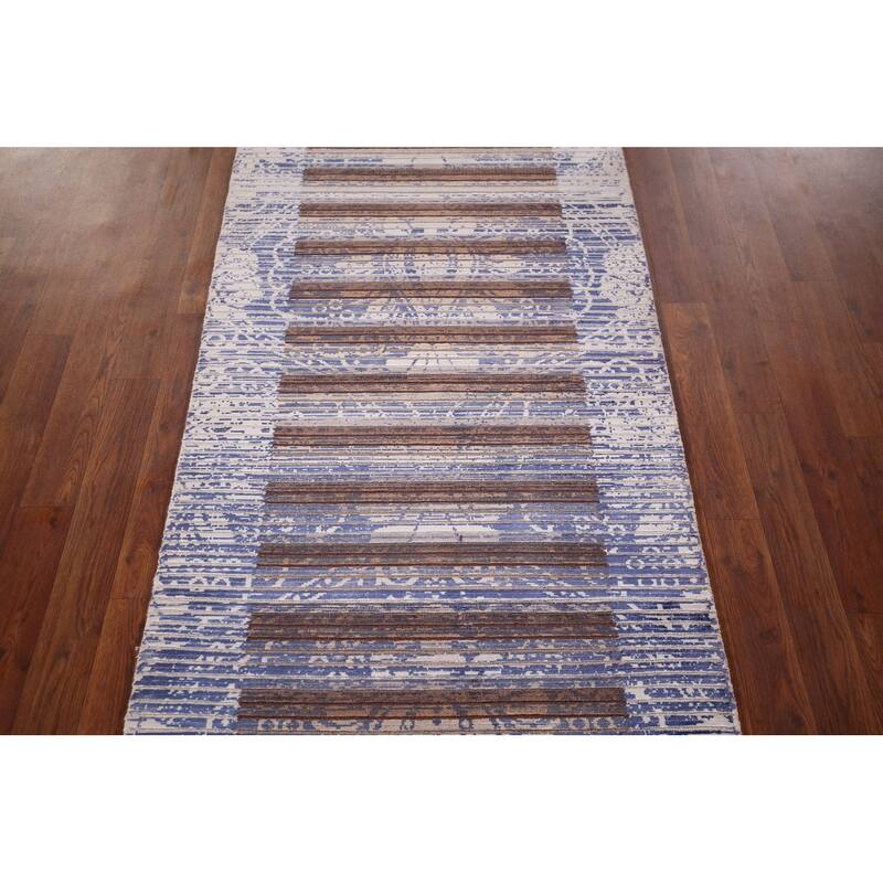 Striped Abstract Oriental Runner Rug Handmade Wool Carpet - 2'7"x 9'10"