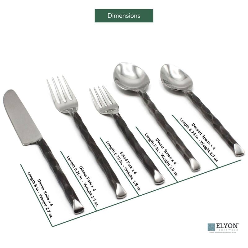 Elyon Diamond Tip Reflective Black 20 Piece Flatware Set Indian Artisan-Made Set Hand-Forged Stainless Steel Service for 4