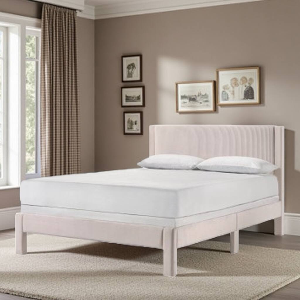 Twin Size Upholstered Platform Bed with Ribbed Plush Headboard, Low-Profile Frame for Youth Bedrooms