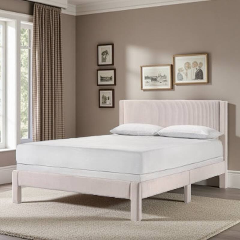 Twin Size Upholstered Platform Bed with Ribbed Plush Headboard, Low-Profile Frame for Youth Bedrooms - Queen Pink - Queen