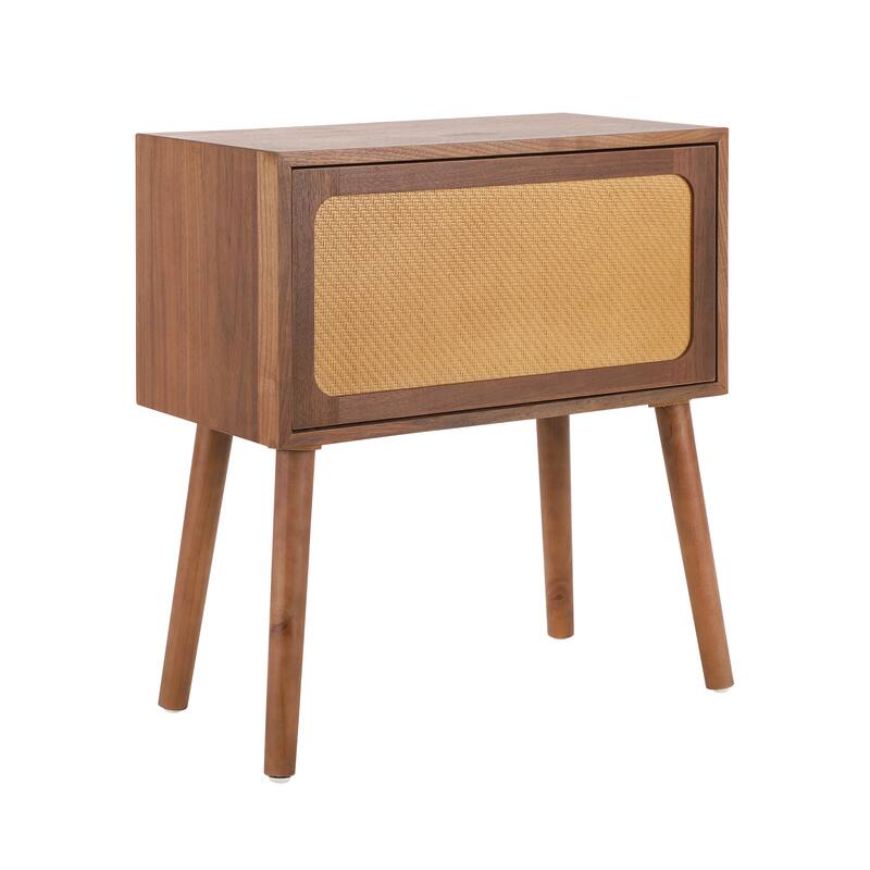 Mid-Century Modern Rotating Hidden Compartment Rattan Nightstand - Walnut