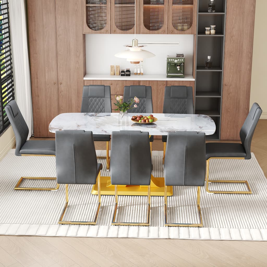 Dining Table with Gold C-Shaped Legs, Minimalist Dining Set, Dark Gray Leather Dining Chairs with Metal Legs