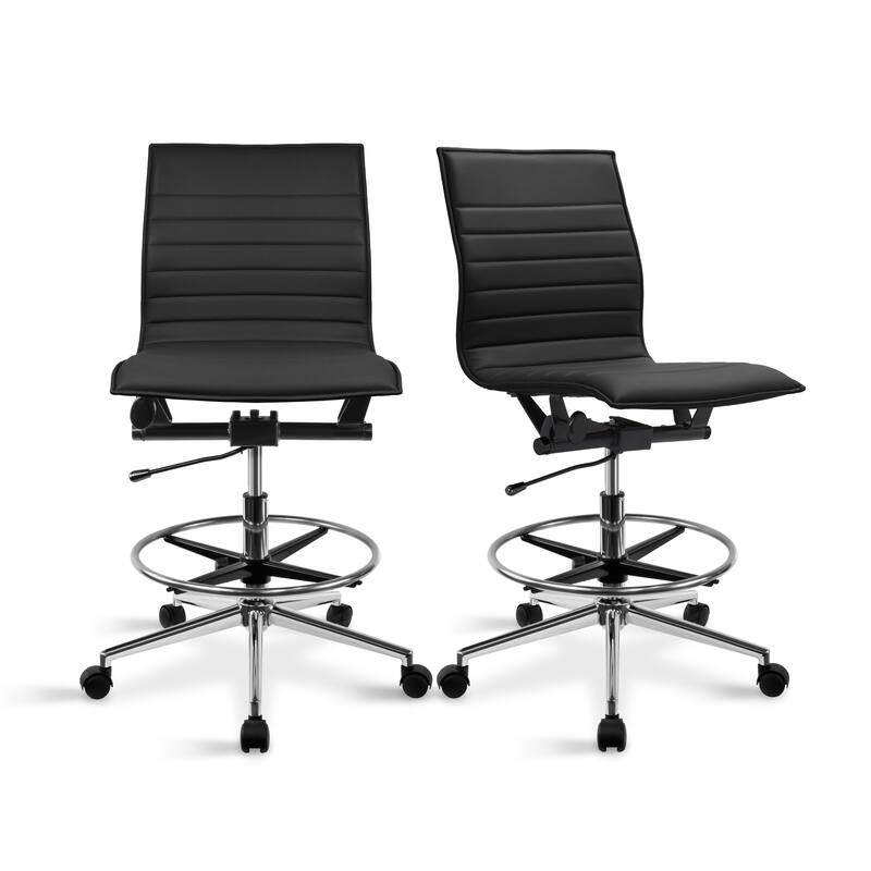 Set of 2 Modern Drafting Chair Upholstered PU Leather Ribbed Armless Mid Back with High Adjustable Base & Leg Rest - Black