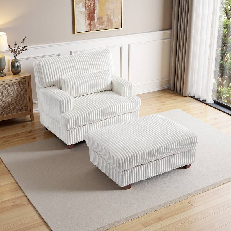 Modern Oversized Plush Corduroy Chaise Lounge Chair with Ottoman - Beige