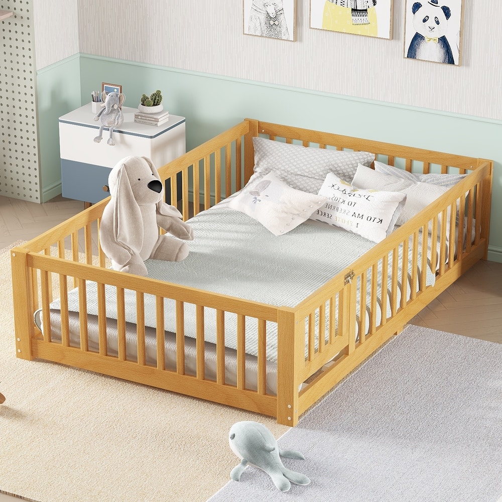 Montessori Toddler Floor Bed with Fence and Switchable Door, Low Profile Bed Frame with Removable Slats, Safe Transition Bed