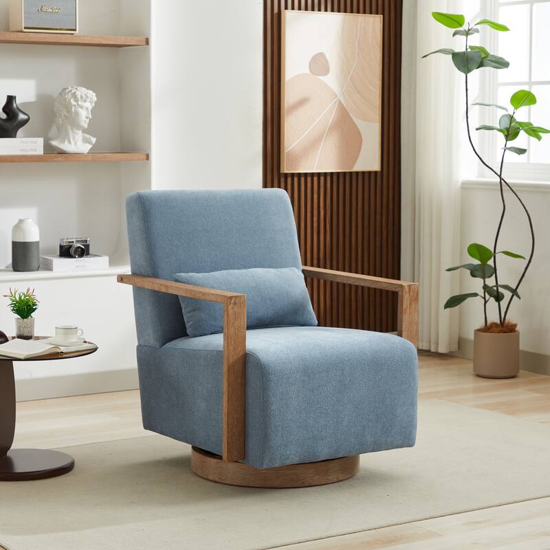 Roomfitters 30.3" Modern Swivel Accent Chair, Open-Frame Solid Wood Arms & 360° Rotation - Blue