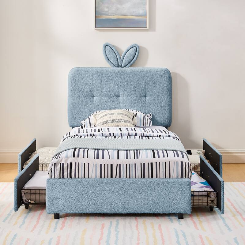 Kids Boucle Upholstered Bed with Rabbit Ear Headboard, LED Music Sync & 4 Drawers
