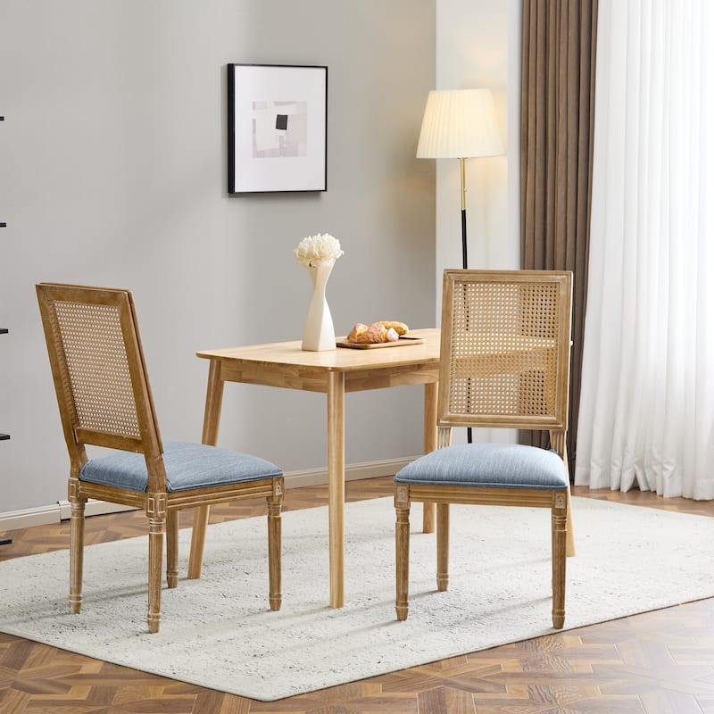 [Set of 2] French Country Dining Chairs - Elegant Cane Backrest & Upholstered Seats with Fluted Legs- Solid Rubberwood Frame