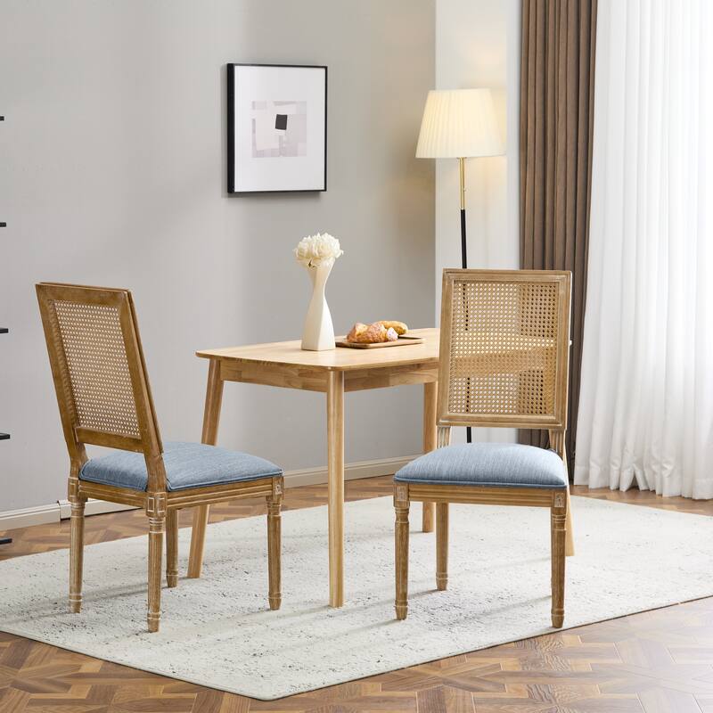 [Set of 2]Dining Chairs -Elegant Cane Backrest & Upholstered Seats with Fluted Legs -Rustic Weathered Finish -Rubberwood Frame
