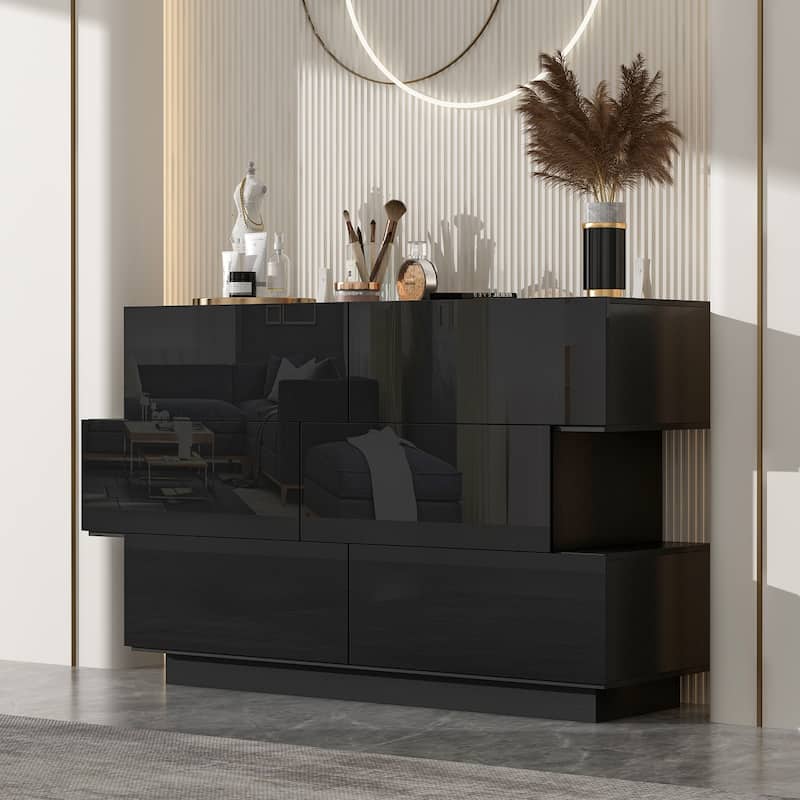 High Glossy Six-Drawer Dresser Chest with Off-Set Design (Black/White) - Black